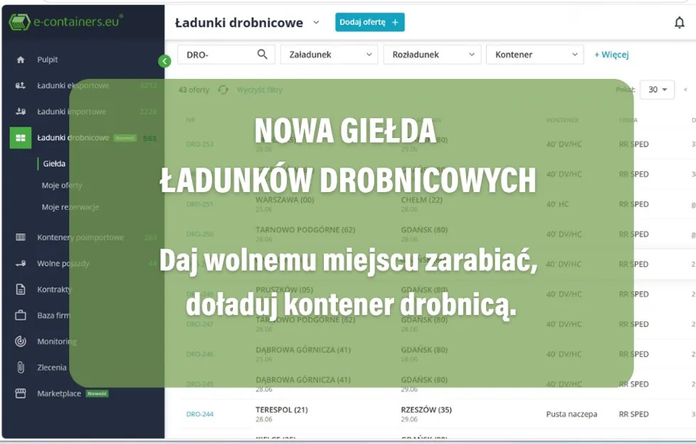 Nowość na e-containers.eu  - Giełda ładunków drobnicowych