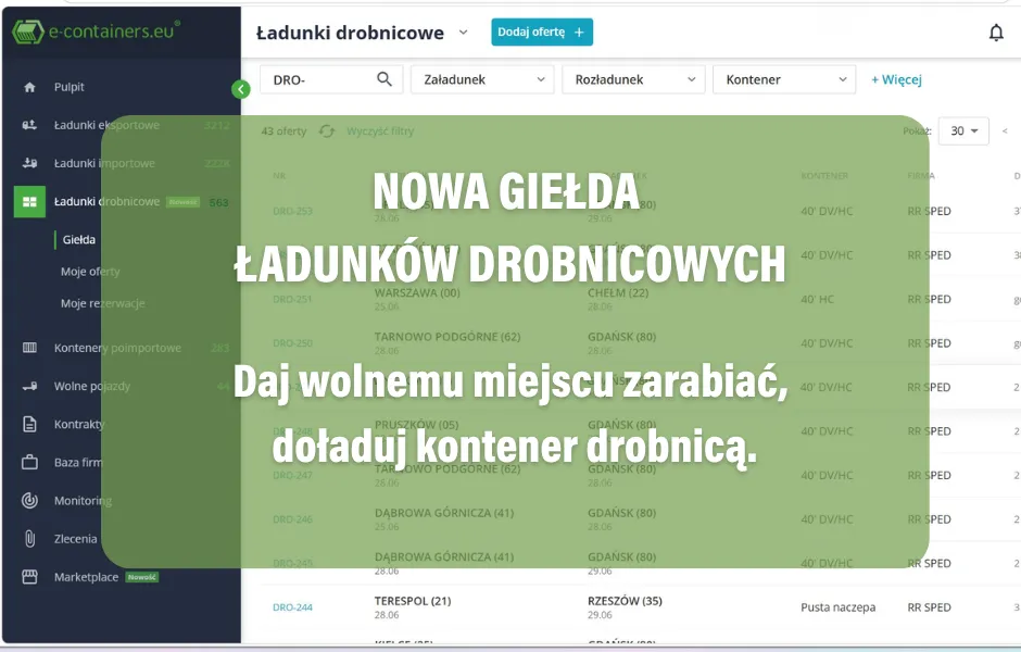 Nowość na e-containers.eu  - Giełda ładunków drobnicowych